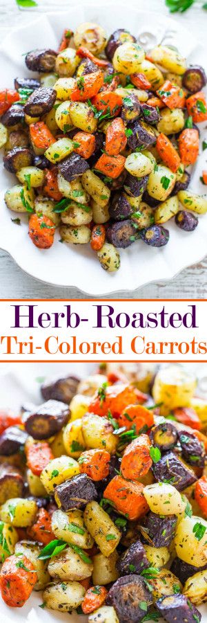 Herb-Roasted Tri-Colored Carrots - Lightly caramelized around the edges, crisp-tender in the center, and seasoned with rosemary, thyme, and parsley!! A trusty side that you'll make again and again for holidays or easy weeknight dinners!! Samosa Recept, Colored Carrots, Vegetable Korma Recipe, Carrots Side Dish, Roasted Rainbow Carrots, Vegetable Casserole Recipes, Korma Recipe, Diner Recept, Easter Dinner Recipes