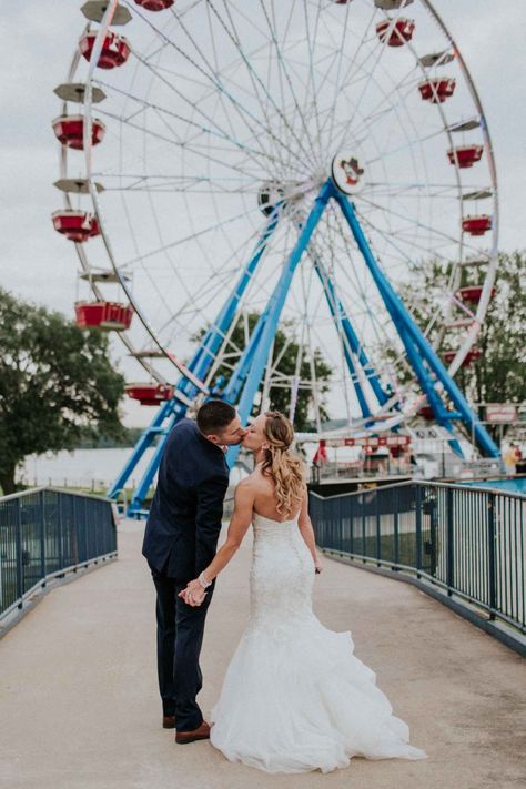 Amusement park wedding - The Wedding Story of Emilie and Michael Lawrence  | WeddingDay Magazine Country Fair Wedding, Carnival Wedding Theme, Alaska Elopement, Wedding Reception Themes, St Ambrose, Davenport Iowa, Carnival Wedding, Christ The King, Wedding Photos Poses