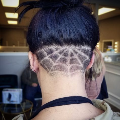 Spider web undercut design -- Kara Jenne Bob Hair With Undercut, Girl Undercut Design, Trendy Hairstyles Short, Hair With Undercut, Undercut Design, Barber Design, Hair Tattoo Designs, Undercut Hair Designs, Girl Undercut