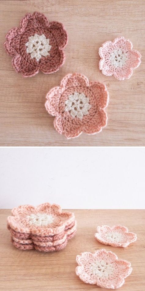 Fun Crochet Coasters Patterns. These sweet crochet flowers in the pictures below were made by Tomoko Hori and are such a fantastic addition to many projects! Like for instance to a sweater, hat, backpack, bag, or scarf! What's more, they work up fast and don't require a lot of yarn to make! #freecrochetpattern #doily #coaster Crochet Flower Coaster Free Pattern, 30 Minute Crochet Projects, Crochet Flower Coaster Pattern, Easy Crochet Bookmarks, Crochet Project Free, Crochet Coasters Free Pattern, Crochet Coaster, Crochet Blanket Designs, Crochet Coaster Pattern