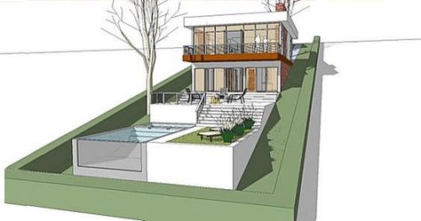 Houses On Slopes, Slope House Design, House On Slope, Sloping Lot House Plan, Slope House, Hillside House, Narrow House, Plans Modern, Contemporary House Plans