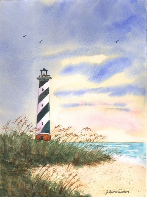 "\"The Outer Banks - Cape Hatteras Lighthouse\" is a print of the ORIGINAL WATERCOLOR by Judith Dixon. This print has been a best seller at art shows in Virginia. The soft pastel colors of the sky and the bending sea oats give you a feeling of a warm day, sitting on the beach with a gentle sea breeze. This painting would be appropriate for any room in your home and would be especially loved by anyone who enjoys sitting on the beach or who simply LOVES the WATER. Printed on ACID FREE WATERCOLOR P Nautical Painting Ideas, Sitting On The Beach, Sea Oats, Hatteras Lighthouse, Cape Hatteras Lighthouse, Grass Painting, Lighthouse Painting, Lighthouse Art, Landscape Quilt