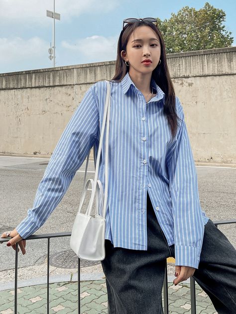 Blue Long Shirt Outfit, Blue Long Sleeve Shirt Outfit Aesthetic, Blue Polo Long Sleeve Outfit Women, How To Style Polo Long Sleeves Women, Polo Stripes Outfit Women's, Blue Stripes Polo Outfit Women, How To Style Blue And White Stripe Shirt, Stripe Blue Shirt Outfit, Long Polo Outfit Women