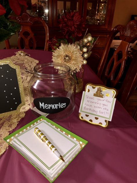 Memory jar idea for sweet 16 party #memoryjar #memories #sweet16 #sweetsixteen #burgundyandgold #burgunday #gold #christmastheme #christmasthemesweet16 #birthdayparty Sweet Sixteen Themes Unique, Birthday Decor Sweet 16, Themes For Sweet Sixteen, Gift Table Sweet 16, Birthday Party Memory Jar, Sweet 16 Birthday Activity Ideas, Cute Sweet 16 Party Themes, Sweet 16 Party Ideas In December, Sweet 16 Fun Ideas