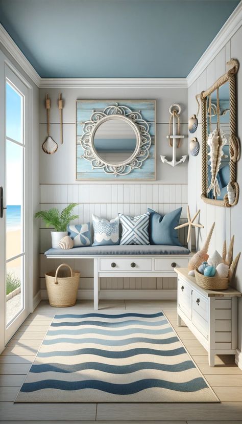 21 Stunning Beach Decor Ideas to Transform Your Home 🌊🏠 Beach House Entryway Ideas, Small Beach House Interior, Beach House Entryway, Beach Decor Ideas, Modern Coastal Living Room, Nautical Decorations, White Wicker Furniture, Small Beach Houses, Nautical Cushions