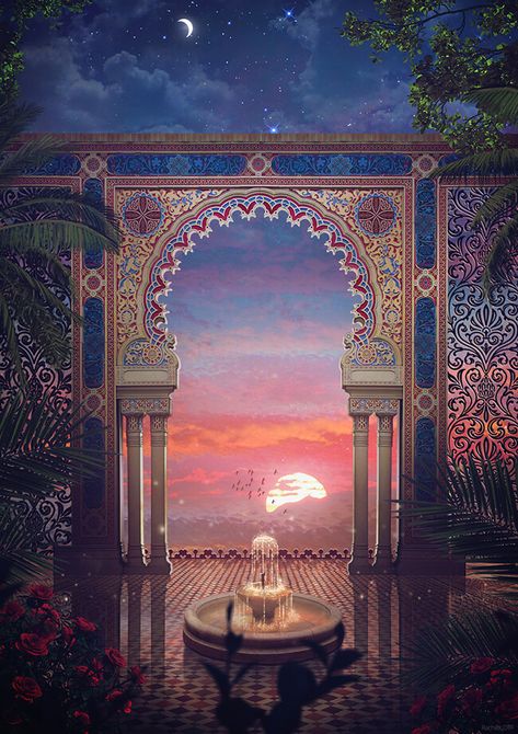 Arabian Nights Aesthetic, Moroccan Garden, Arabian Night, Fantasy City, Fantasy Art Landscapes, Arabian Nights, Night Aesthetic, Fantasy Landscape, Indian Art