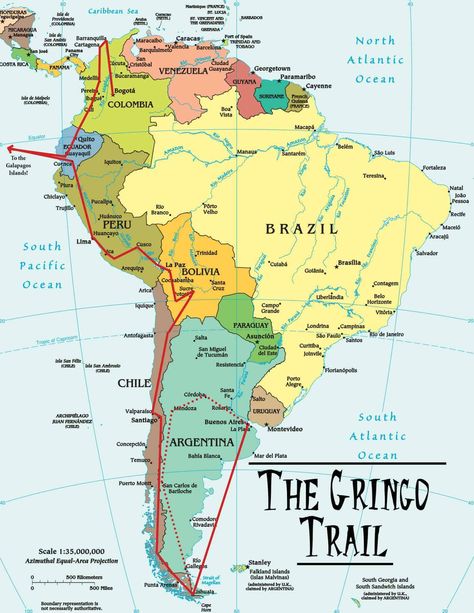 Map of The Gringo Trail, The Most Famous South America Backpacking Route Managua, Iquitos, Boa Vista, South America Travel Route, Tattoo 2022, South America Travel Photography, South America Travel Itinerary, Backpacking Routes, South America Travel Destinations
