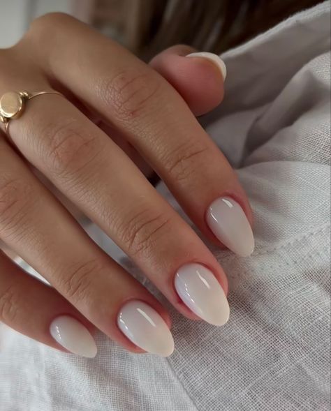 Nail Color Ideas Gel, Short Acrylic Nails Pointy, Dainty Almond Acrylic Nails, Simple Mid Length Nails, Nail Colors On Pale Skin, Very Short Acrylics, Neutral White Nails, Gel Nails Short Almond, Neutral Almond Shaped Nails