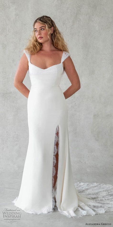 alexandra grecco 2024 bridal cap sleeve wide v neckline clean minimalist column sheath wedding dress slit skirt chapel train (6) mv -- Alexandra Grecco 2024 Wedding Dresses | Wedding Inspirasi #wedding #weddings #bridal #weddingdress #weddingdresses #bride #fashion #collection:Birdie #label:AlexandraGrecco #week:452023 #year:2024 ~