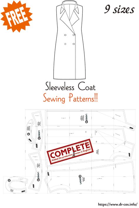 This is the pattern of Sleeveless Coat. inch size(letter size) Children's-4,8,10/Ladies'-S,M,L,LL/Men's-L,LL cm size(A4 size) Children's-100,120,140/Ladies'-S,M,L,LL/Men's-L,LL Added the number of fabric meters required for each size ❤️The production process is now uploaded to the site. Couture, Molde, Sleveless Coat, Trent Coat, Mood Patterns, Trench Coat Pattern, Japanese Sewing Patterns, Coat Pattern Sewing, Sleeveless Coat