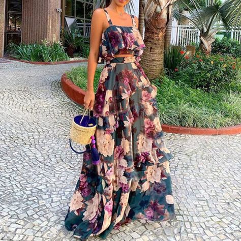 Maxi Skirt Crop Top, Long Floral Skirt, Ruffle Maxi Skirt, Floral Print Crop Top, Stil Boho, High Waisted Maxi Skirt, Sea Lover, Mode Boho, Top Skirt Set