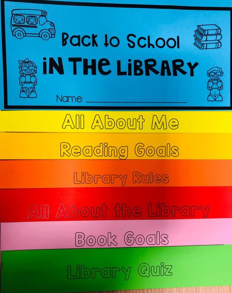 Library First Day Of School, School Library Elementary, Welcome Back To Library, Library School Ideas, Elementary Media Center Ideas, Welcome Back Library Displays, School Library Book Return Ideas, Library Rules Elementary, Elementary School Library Decor