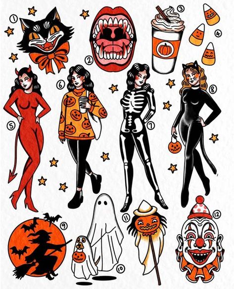 Patchwork, American Traditional Halloween Flash, Halloween Tattoo Leg, Tradition Flash Tattoo, Horror Flash Sheet, Halloween Flash Sheets, Tattoo Flash Wallpaper, Neo Trad Halloween Tattoo, Halloween Traditional Tattoo Flash