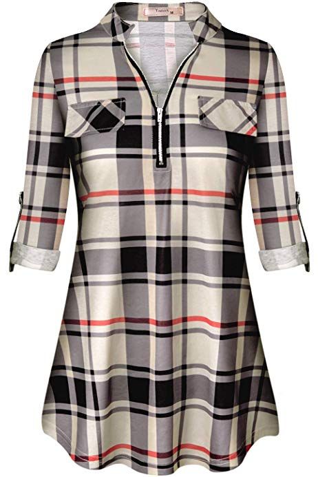 Viracy Tunic Shirts for Women, Ladies Casual Tops Long Sleeve Roll Up Dressy Blouses Company Business Professional V Neck Henley Loose Fitting Printed Pattern Plaid Tops Beige M at Amazon Women’s Clothing store Materials Style, Winter Tops For Women, Tunic Blouses, Nautical Chic, Striped Off Shoulder Top, Flannel Lined Jeans, Plaid Tunic, Kurti Designs Party Wear, Tunic Pattern