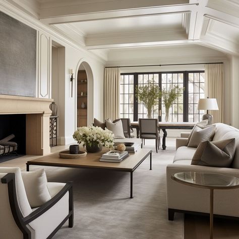 A sophisticated palette and design harmony define the living room Living Room Furniture With Grey Floors, Transitional Great Room, Harmony Color, Transitional Homes, Modern Classic Living Room, Modern Classic Home, Living Room Decor Lights, Transitional Interior Design, Sophisticated Living Rooms