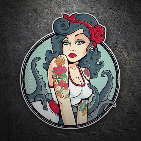 Pegatinas: Pin-Up Girl #friki #TeleAdhesivo Pin Up Tattoos, Bodo, Motorbike Stickers, Dibujos Pin Up, Rockabilly Art, Pinup Art, Decoration Birthday, Vertical Poster, Video Games For Kids