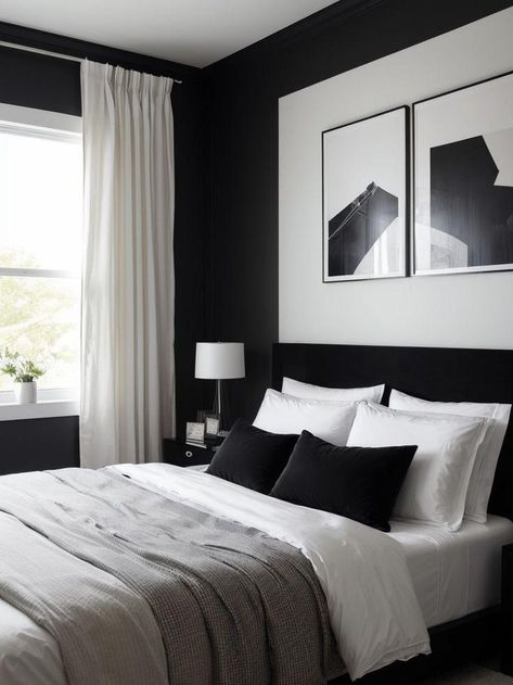 27 Stylish Minimalist Bedroom Designs in Black and White Black Spare Bedroom, Grey Themed Bedroom Aesthetic, Black Wall With Black Bed, Black Wall White Bed, Black White Grey Theme House, White And Black Modern Bedroom, Black Bedroom Decor For Men, Guest Bedroom Black And White, Grey Duvet Cover Bedroom Ideas