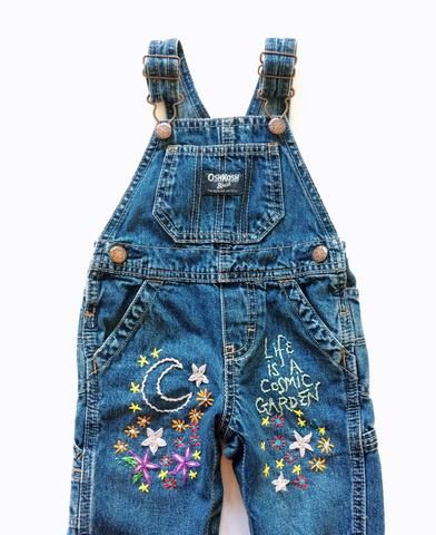 Embroidered Dungarees Diy, Patchwork Denim Overalls, Overalls With Patches, Embroidery Overalls, Embroidered Dungarees, Patch Overalls, Baby Denim Overalls, Painted Overalls, Artsy Clothes