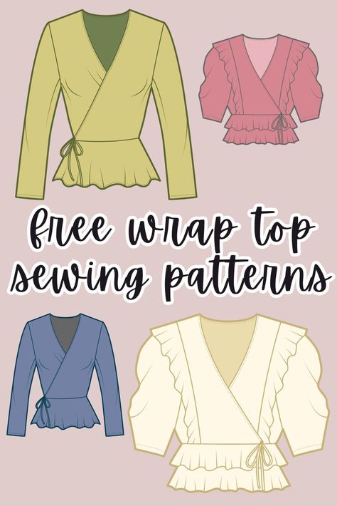 Simple Wrap Shirt Pattern, Sewing Patterns Shirts Women, Women's Blouse Sewing Patterns Free, Wrap Clothing Patterns, Wrap Around Blouse Pattern, Fabric Types Clothes, Wrap Blouse Pattern Free, Sewing Pattern Wrap Top, Women’s Tops Sewing Patterns