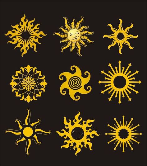 Related image Sun Crest Design, Yellow Tattoo Ideas, Rapunzel Reference, Elbow Sun Tattoo, Yellow Sun Tattoo, Sun Reference, Draw Sun, Stylized Sun, Sun Ideas