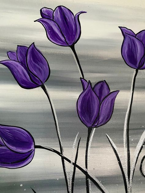 Purple Painting Ideas, Tulip Drawing, Canvas Art Painting Acrylic, Gray Painting, Purple Painting, Paper Flower Art, Purple Canvas, Purple Paint, Canvas Painting Designs