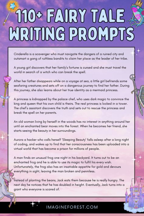 Writing Book Ideas Inspiration, Fractured Fairy Tales Prompts, Fairy Tale Writing Prompts, Fairytale Prompts, Fairy Writing, Fantasy Story Prompts, Writing Prompt Generator, List Of Fairy Tales, Short Story Writing Prompts