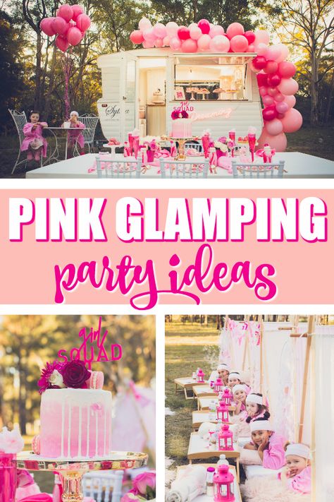 Pretty Pink Glamping Birthday Party on Pretty My Party #prettymyparty #glamping #glampingpartyideas #glampingparty #glampingbirthday Pink Glamping Party, Glamping Themed Birthday Party, Glamping Theme Party, Barbie Camping Birthday Party, Glamping Party Decorations, Girl Camping Birthday Party, Girls Glamping Birthday Party, Pink Glam Party, Girls Camping Birthday Party