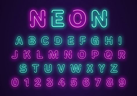 Neon alphabet and numbers set | Premium Vector #Freepik #vector #light #typography #alphabet #font Neon Sign Lettering Alphabet, Neon Sign Lettering, Neon Font Alphabet, How To Draw Neon Letters, Neon Sign Font, Clothing Fonts, Arrow Signage, Neon Number, Neon Lettering