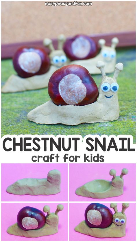 Chesnutt Craft, Snail Crafts For Kids, Chestnut Ideas, Snail Crafts, Conkers Craft, Snail Craft, Fall Arts And Crafts, Tanah Liat, Leaf Crafts