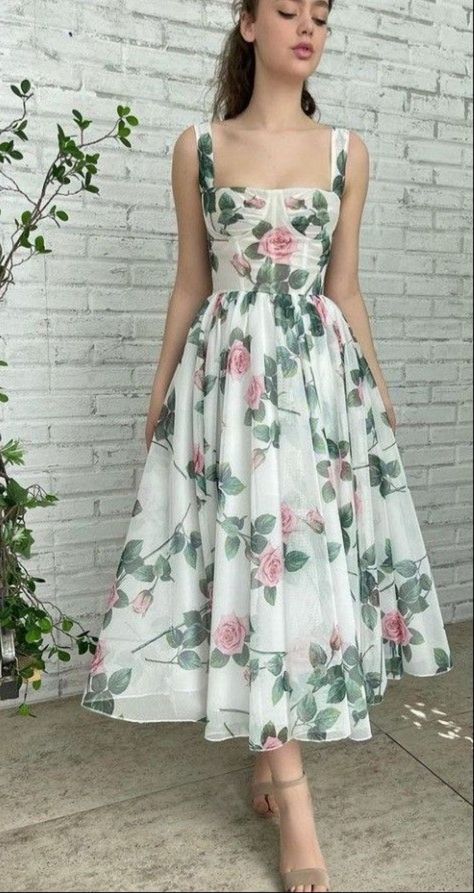 Fairy Frocks For Women, Elegant Birthday Dress For Women, Cute Sun Dresses Summer, Tea Length Dresses Casual, A Line Wedding Dress Floral, Tea Party Outfits For Women Classy, Backless Dress Design, Flowery Dress Casual, Floral Midi Dress Summer