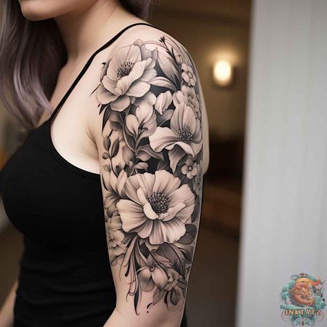 Black And White Floral Tattoo With Pop Of Color, Flower Sleeve Tattoo Black And White, Black Grey Floral Tattoo, Half Sleeve With Flowers, Black And White To Color Tattoo, Hydrangea Tattoo Black And Grey, Greyscale Floral Tattoo, Upper Arm Flower Tattoo Half Sleeves, Black And White Flower Tattoo Designs