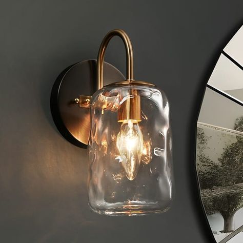 Mid-Century Modern Gold 1-Light Bathroom Vanity Light Glass Wall Sconces - L9.5"xW4.7"xH6.3" - On Sale - Bed Bath & Beyond - 37893421 Vanity Small, Lamp Bathroom, Idea Bathroom, Ceiling Bathroom, Vanities Bathroom, Bathroom Lamp, Lights Ideas, Bathroom Lights, Design Mirror