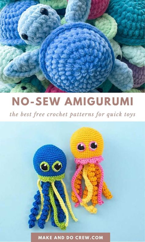 Check out this selection of free no sew amigurumi patterns curated by Make and Do Crew. Craft seamless, easy, and quick mini crochet projects without the hassle of sewing. Whether you're looking for a crochet bunny, mini crochet animals, amigurumi food, or crochet dolls, these small amigurumi projects are perfect for beginners. Visit our blog and create crochet toys and gifts in under one hour with these practical and beginner-friendly projects. Perfect for end of year teacher gifts. Amigurumi Patterns, Simple Crochet Toys, Low Sew Crochet Patterns, Small Cute Things To Crochet, No See Amigurumi, Easy Crochet Toys Free Patterns, Free No Sew Crochet Amigurumi, Crochet Toy Free Pattern, Free Small Amigurumi Patterns