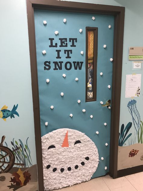 Snowman classroom door Christmas Classroom Door With Window, Snow Much Fun Classroom Door, Snow Classroom Door Ideas, Classroom Snowman Door, Fall Winter Door Decorations Classroom, Let It Snow Classroom Door, Winter Classroom Decorations Window, Classroom New Year Decorations, Snowman Door Decoration For Classroom Winter Bulletin Boards