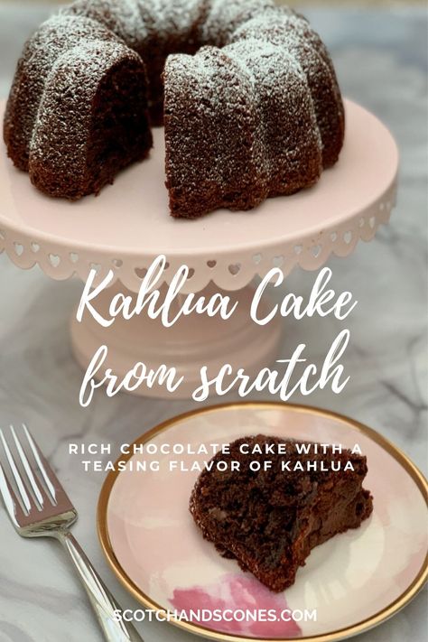 Kahlua Cake is a rich chocolate cake with a teasing flavor of Kahlua. It's an easy to make bundt cake that's sure to please! Pie, Kahlua Cake Bundt, Chocolate Kahlua Bundt Cake, Kahlua Bundt Cake, Kahlua Desserts, Kahlua Chocolate Cake, Easy Chocolate Bundt Cake, Chocolate Kahlua Cake, Boozy Food