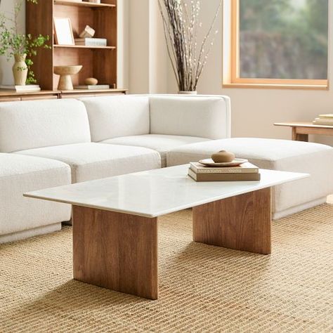 Rectangle Coffee Tables | West Elm West Elm Living Room, West Elm Coffee Table, Sofa Wood Frame, Stone Coffee Table, Coffee Table Rectangle, Simple Furniture, Coffee Table Styling, Solid Wood Coffee Table, Transitional Living Rooms
