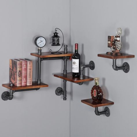 PRICES MAY VARY. 【INDUSTRIAL PIPE RUSTIC SHELVES】Simple design floating shelves constructed of solid Paulownia wood boards and powder coated Industrial Pipe. perfect for displaying and holding collectibles, small plants, stuffed animals and more. 【5 TIER INDUSTRIAL SHELVES】A perfect pick for industrial aesthetics,this industrial wall shelf brings essential storage space and farmhouse style to your home.Lovely addition with a rustic-vintage style that provides wall decor. 【SIZE】Fully assembled di Modern Rustic Farmhouse Living Room, Steampunk House Interiors, Shelf For Bar, Metal Pipe Shelves, Wood Ladder Shelf, Steampunk Kitchen, Industrial Style Living Room, Pharmacy Decor, Industrial Wall Shelves