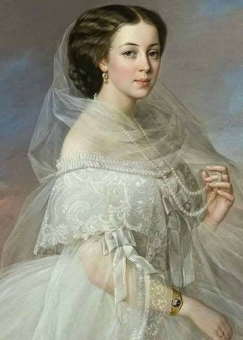 1850s (late) Ekaterina Nikolaevna Volotskaya, née Zubova by Gabriel Ivanovich Yakovlev (location ?). From pinterest.com/felipemasai2000/woman-of-1860-in-painting/; enlarged to 1400 points high Figure Painter, 19th Century Women, Evening Accessories, Victorian Paintings, Antique Artwork, Sarah Kay, History Fashion, Historical Painting, 19th Century Fashion