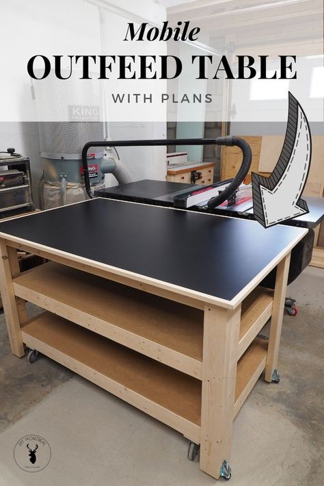 Shop Work Table Ideas, Laminate Workbench Top, Wood Shop Work Table, Shop Table Workbenches, Mobile Workbench Ideas, Outfeed Table Workbench, Small Garage Woodshop, Sawstop Outfeed Table, Outfeed Table Tablesaw