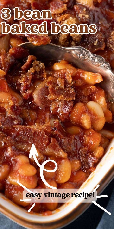 Just 8 ingredients make up this 3 Bean Baked Beans casserole. It's a perfect side dish recipe for your picnic or potluck. Use maple bacon for extra flavor! Perfectly Baked Beans Pioneer Woman, Home Style Baked Beans, Taste Of Home Baked Beans, 4 Bean Baked Beans, Baked Beans For Bbq, Yummy Beans Recipe, 3 Bean Casserole Recipes, Hearty Baked Beans, Barbecue Beans Recipe