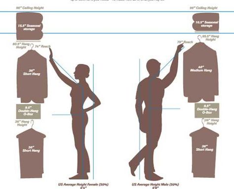 Standard clothes measurements and storagespace requirements for your closet design (via OrganizedLiving)  | followpics.co Inside Cupboard, Diy Custom Closet, House Closet, Dressing Design, Closet Diy, Dressing Room Closet, Walkin Closet, Closet Layout, Closet Remodel