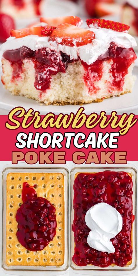 Strawberry Shortcake Poke Cake Recipe With Strawberry Pie Filling, Deserts Recipes Strawberries, Strawberry Pie Cake, Dessert With Strawberry Pie Filling, Cake Soda Recipe, Fruit Poke Cake, Box Cake Recipes Easy, Polk Cake Recipes, Recipes Using Canned Strawberry Pie Filling