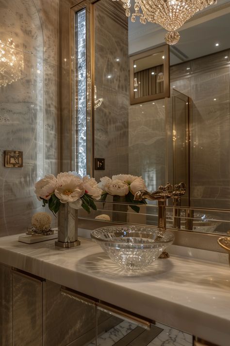 Transform Your Space: Luxe Bathroom Vanity Ideas with Marble and Gold Accents Luxury Bathroom Counter Decor, Luxury Sinks Bathroom, Gold Bathroom Mirror Ideas, Old Money Aesthetic Bathroom, White Gold Bathroom Ideas, Old Money Vanity, Luxury Vanity Design, Old Money Bathroom, Luxury Bathroom Sink