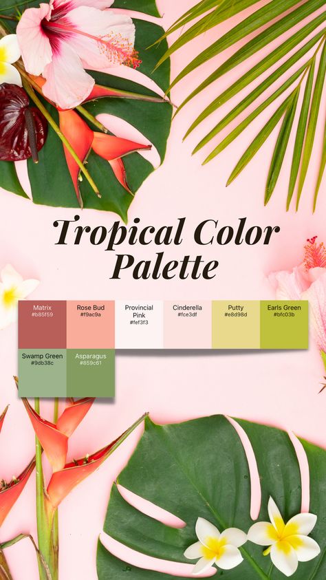 Hawaiian Colors Palette, Tropical Decor Color Palette, Soft Tropical Color Palettes, Luau Color Palette, Tropical Flowers Color Palette, Monstera Color Palette, Pastel Tropical Color Palette, Tropical Theme Color Palette, Tropical Gold Wedding