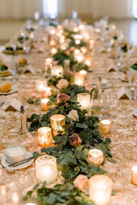 Table Decor For Long Tables Wedding, Tealight Candle Wedding Decor, Elegant Reception Decorations, Votive Candle Wedding Decor, Long Tables For Wedding Reception, Tealight Wedding Centerpiece, Wedding Tealight Candles, Long Tables Wedding Reception Candles, Decorating Long Tables For Wedding