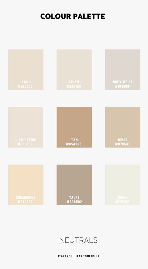 neutral colors, neutrals, neutral colour scheme, neutral color combo, soft neutrals, cool-toned neutral, taupe, beige, ivory Neutral Colours Bedroom Ideas, Wall Color Ideas Beige, Beige Theme Room, Ivory Room Ideas, Neutral Beige Color Palette, Light Neutral Colour Palette, Beige Bedroom Moodboard, Nude Beige Dress, Cream Palette Colour Schemes