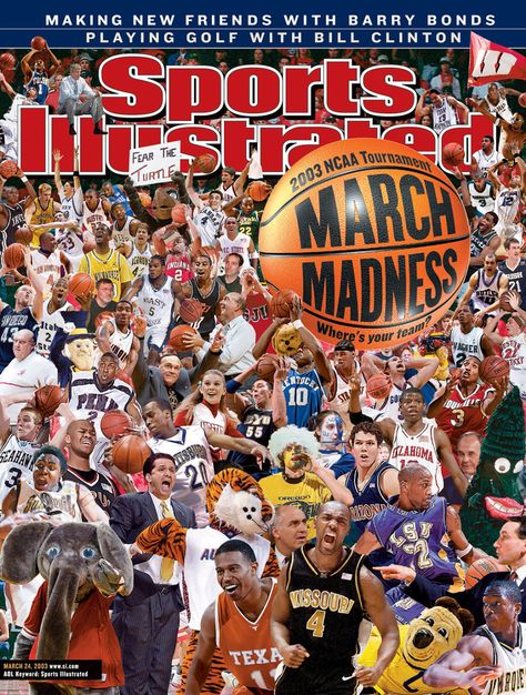 Sports Illustrated's March Madness "mash-up" covers through the years. From 2003 through '12, Sports Illustrated printed collage-style covers, featuring every NCAA tournament team on the same cover. To help capture the excitement of March Madness, SI is bringing back the tradition in '17. Sports Illustrated Cover, Ncaa March Madness, Sports Illustrated Covers, Illustrated Magazine, Custom Canvas Prints, March Madness, Print Collage, College Basketball, Play Golf