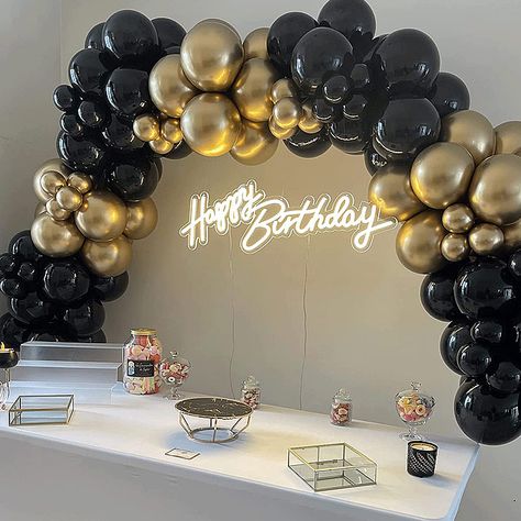 Gold And Black Party Decor, Black And Gold Balloon Arch, Black Gold Balloon Garland, Black Gold Balloons, Balloon Arch Tape, Gold Balloons Decorations, Chrome Balloons, Balloon Wreath, Balloons Arch