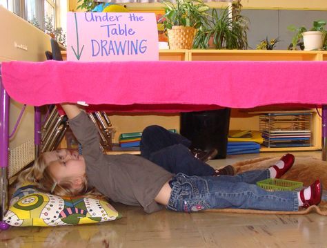 Under the Table Drawing - a favorite from my former classroom. :) #drawing #sensory #kids #art #preschool #classroom Classroom Drawing, Dino Museum, Sensory Kids, Table Drawing, Art Preschool, Preschool Rooms, Preschool Class, Kindergarten Art, Preschool Lessons