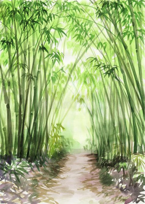 Green Wallpaper Wall, Bamboo Drawing, Tanaman Air, Bamboo Landscape, Forest Drawing, Painted Bamboo, Wallpaper Wall Decor, Japan Painting, Bamboo Art